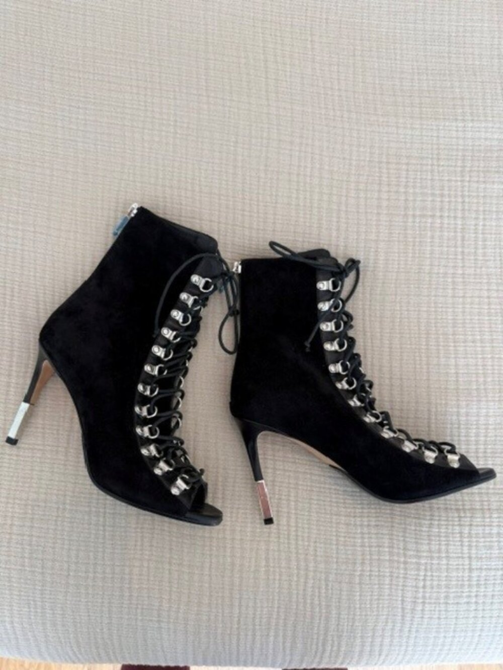 Balmain "Jody" Open Toed Lace Up Black Suede Booties Size 8